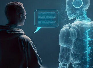 Zum Beitrag: Künstliche Intelligenz Zu sehen: Junge unterhält sich mit Hologramm