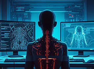 Cyborg sitzt an Schreibtisch mit Bildschirmen