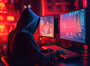 Futuristische Person mit Kapuze vor Monitoren