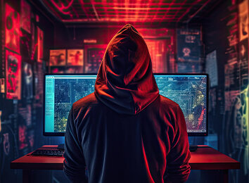 Futuristische Person mit Kapuze vor Monitoren