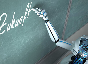 Roboter schreibt "Die Zukunft" an eine Tafel