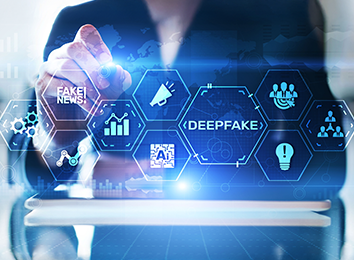 Digitale Darstellung mit Symbolen und Schriftzug ‚Deepfake‘, die auf Fake News und künstliche Intelligenz hinweisen.