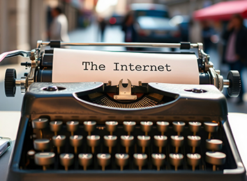 Eine alte Schreibmaschine. "The Internet" steht in alten Lettern auf dem Papier.