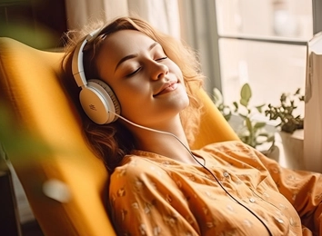 Junge Frau entspannt mit Kopfhörern im Sessel.