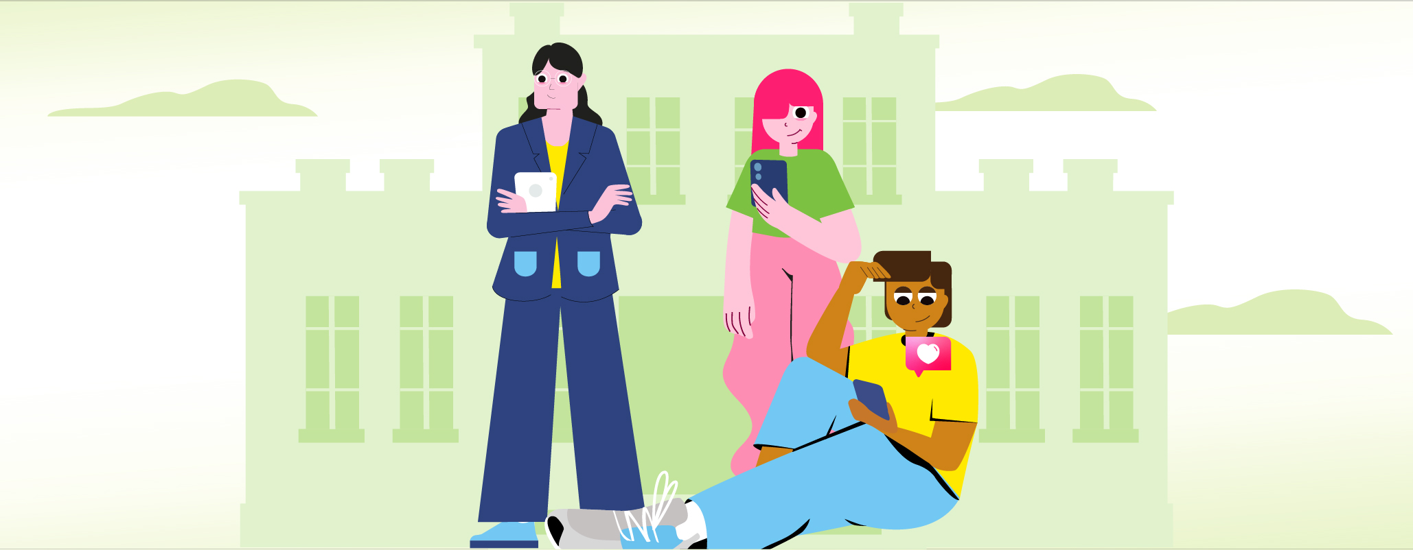 Drei Jugendliche in Vektorgrafik im Hintergrund eine grüne Schule.