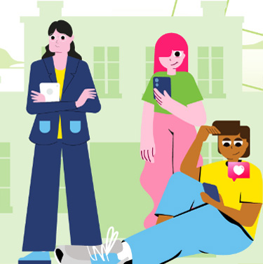 Drei Jugendliche in Vektorgrafik im Hintergrund eine grüne Schule.