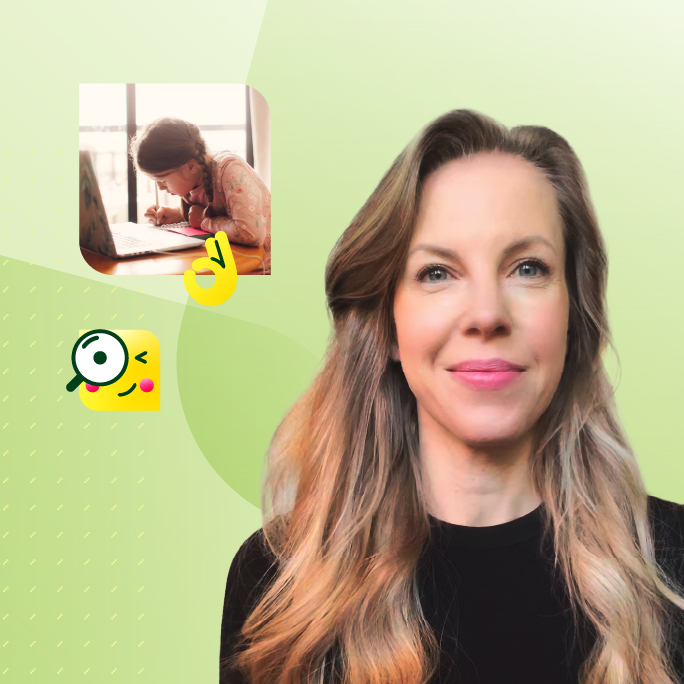 Frau lächelt in die Kamera; daneben ein Bild eines konzentriert am Laptop arbeitenden Kindes sowie grafische Lern-Emojis auf grünem Hintergrund.