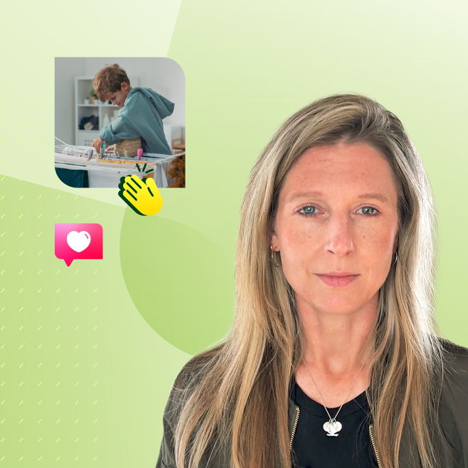 Frau blickt ruhig in die Kamera; links daneben ein Bild eines bastelnden Kindes und kleine grafische Symbole auf grünem Hintergrund.