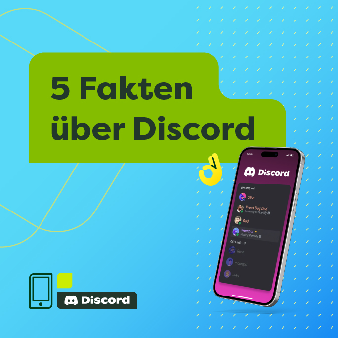 Smartphone mit geöffneter Discord-App vor blau-grünem Hintergrund, daneben der Text 5 Fakten über Discord und kleine grafische Symbole.