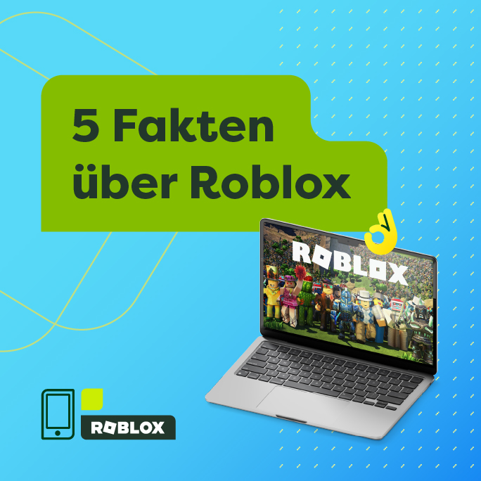 Laptop mit geöffnetem Roblox-Spiel vor blau-grünem Hintergrund, daneben der Text 5 Fakten über Roblox und grafische Symbole.