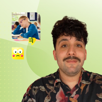 Mann blickt freundlich in die Kamera, daneben ein kleines Bild eines erschöpften Schulkindes und ein trauriger Emoji auf grünem Hintergrund.
