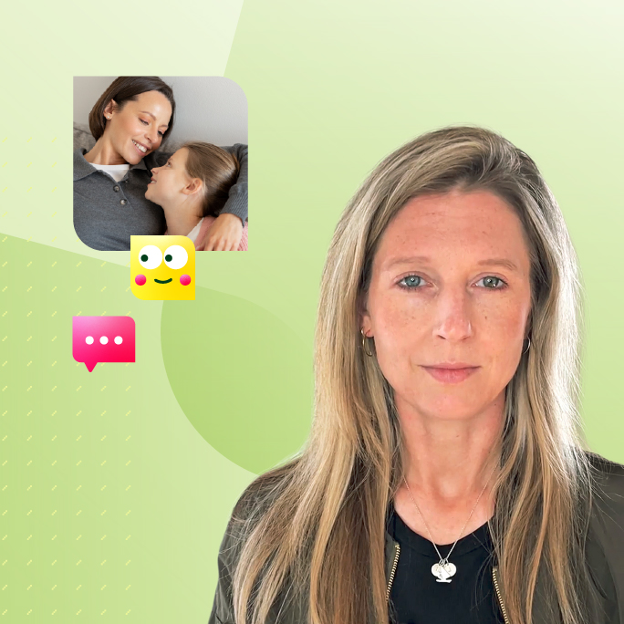 Frau blickt ruhig in die Kamera; daneben ein Bild eines konzentriert bastelnden Kindes sowie grafische Symbole auf grünem Hintergrund.