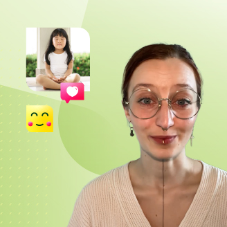 Frau mit Brille schaut in die Kamera; daneben ein Bild eines meditierenden Kindes sowie freundliche Emoji-Symbole auf grünem Hintergrund.